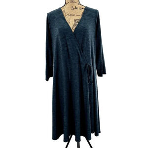 Torrid Midi Faux Wrap Dress Womens 3XL Blue 3/4 Sleeve V Neck‎ Ribbed